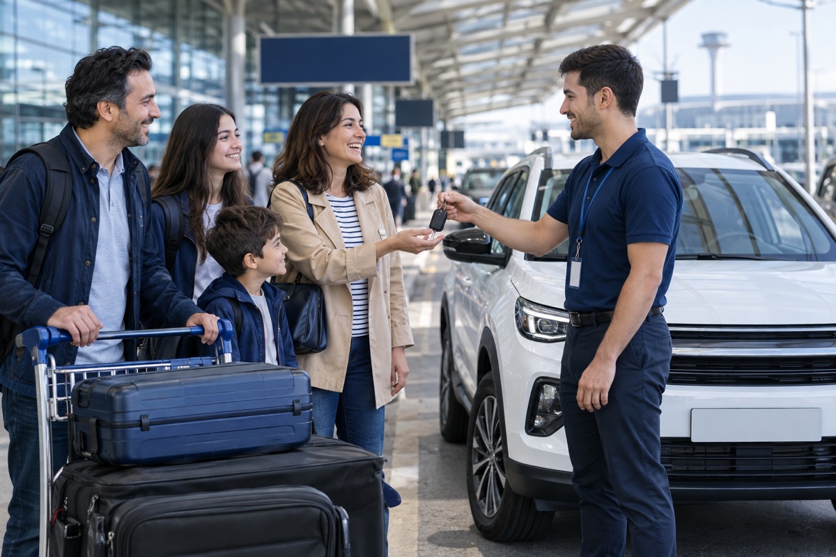 Familie aus Deutschland erhält am Flughafen die Schlüssel für einen weißen Miet-SUV — Mietwagen ohne Kreditkarte in der Türkei, SAW Rent A Car