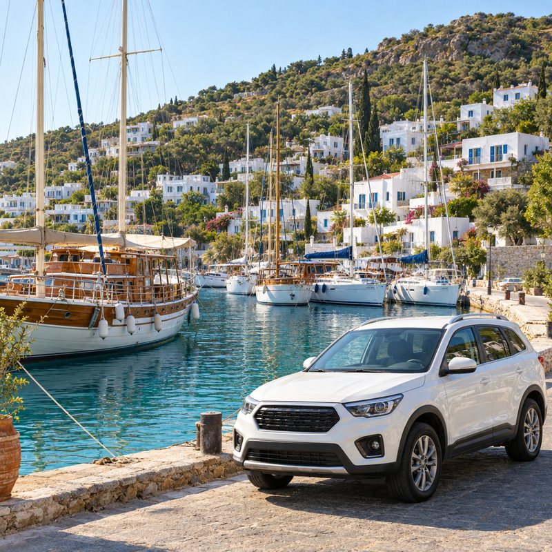 Milas-Bodrum Havalimanı araç kiralama — Bodrum yöresinde guletlerin bağlı olduğu bir marinada beyaz bir SUV, SAW Rent A Car