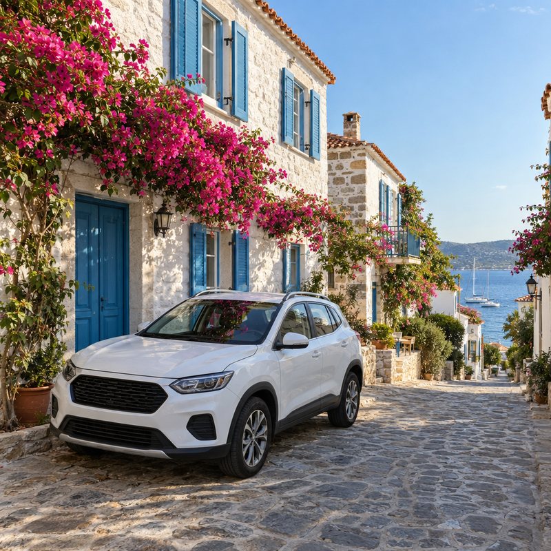 Çeşme araç kiralama — begonvilli bir Ege taş sokağında beyaz bir SUV, SAW Rent A Car