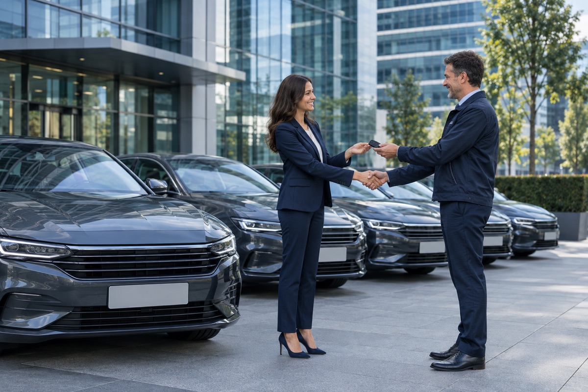 صف من سيارات السيدان الرمادية الداكنة أمام مبنى مكاتب أثناء تسليم المفتاح — تأجير سيارات للشركات وطويل الأمد، SAW Rent A Car