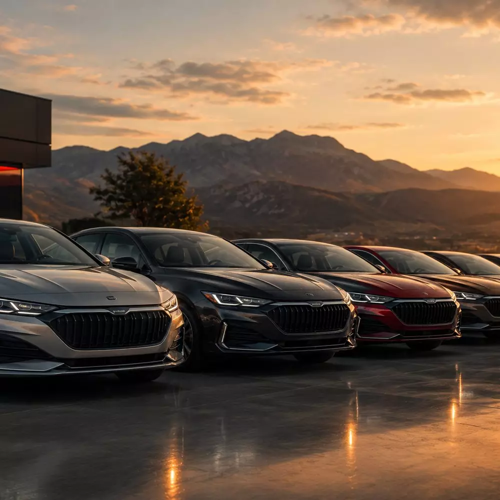 Monatliche Autovermietung — die Flotte von SAW Rent A Car bei Sonnenuntergang